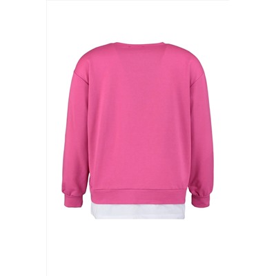Fuşya Alttan T-Shirt Çıkma Görünümlü İnce Örme Büyük Beden Sweatshirt TBBAW23AO00023