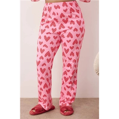 Pembe %100 Pamuklu Kalp & Leopar Desenli Gömlek-Pantolon Örme Pijama Takımı TBBAW26AI00017
