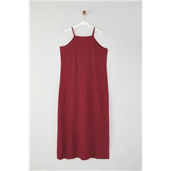 Bordo Halter Yaka Bürümcük Dokulu Kumaş Maxi Boy Örme Büyük Beden Elbise TBBSS25AH00006