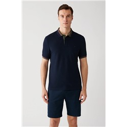 Avva Erkek Lacivert Yakası Çizgili %100 Pamuk Standart Fit Normal Kesim 2 Düğmeli Polo Yaka T-shirt E0010 E001036