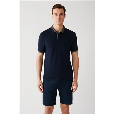 Avva Erkek Lacivert Yakası Çizgili %100 Pamuk Standart Fit Normal Kesim 2 Düğmeli Polo Yaka T-shirt E0010 E001036