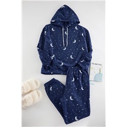 Lacivert Kapüşonlu Galaksi Desenli Polar Örme Pijama Takımı TBBAW25AI00018