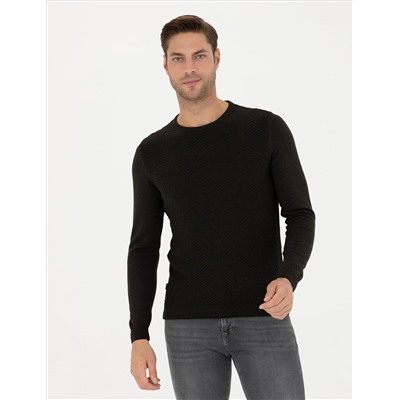 Kahverengi Slim Fit Bisiklet Yaka Triko Kazak