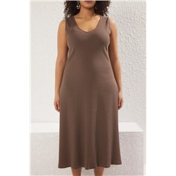 Kahverengi Fitilli A-line Midi Örme Elbise TBBSS24AH00130