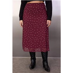 Bordo A- Line Puantiye Desenli Tül Örme Büyük Beden Etek TBBAW25AZ00006