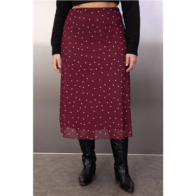Bordo A- Line Puantiye Desenli Tül Örme Büyük Beden Etek TBBAW25AZ00006