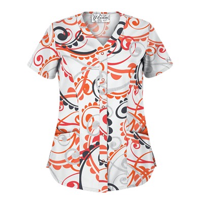 UA Cartwheels White Snap Front Print Scrub Top
