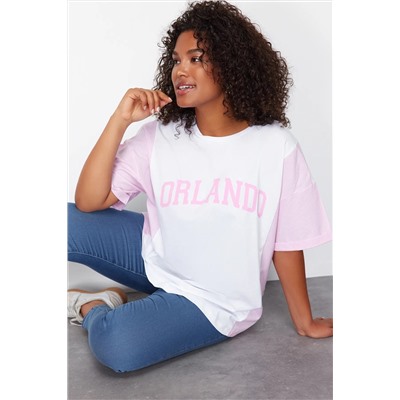 Pembe Çizgili Baskılı Oversize %100 Pamuk Örme T-shirt TBBSS24BF00017
