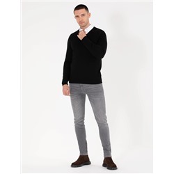 Siyah Slim Fit V Yaka Basic Triko Kazak
