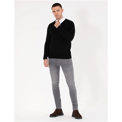 Siyah Slim Fit V Yaka Basic Triko Kazak