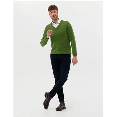 Yeşil Slim Fit V Yaka Basic Triko Kazak