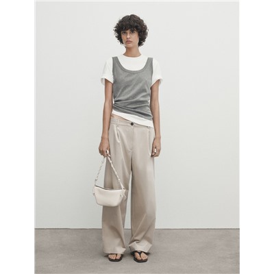 Pantalón ancho mezcla algodón satinado pinzas