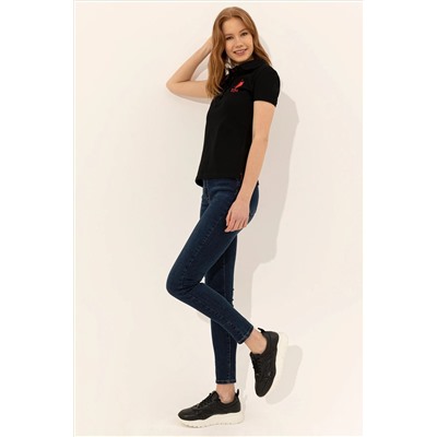 Kadın Siyah Basic Polo Yaka Tişört
