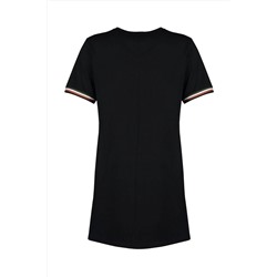 Siyah Bisiklet Yaka %100 Pamuk Kolları Biye Detaylı Örme Büyük Beden T-shirt Elbise TBBSS22EL1591