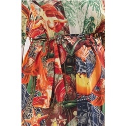 Çok Renkli Tropikal Desenli Kuşaklı Mini Dokuma Büyük Beden Kimono&Kaftan TBBSS25DE00004