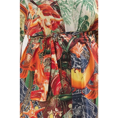 Çok Renkli Tropikal Desenli Kuşaklı Mini Dokuma Büyük Beden Kimono&Kaftan TBBSS25DE00004