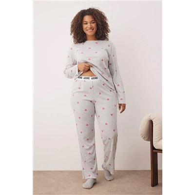 Gri Melanj Kalpli Slogan Baskılı Lastikli Örme Pijama Takımı TBBAW26AI00020
