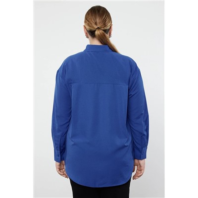 Koyu Mavi Loose Fit Pamuklu Uzun Kol Büyük Beden Dokuma Gömlek TBBSS22GO0323
