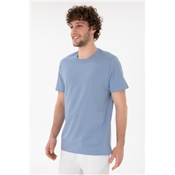 Erkek Regular Fit Bisiklet Yaka Mavi Basic Tişört