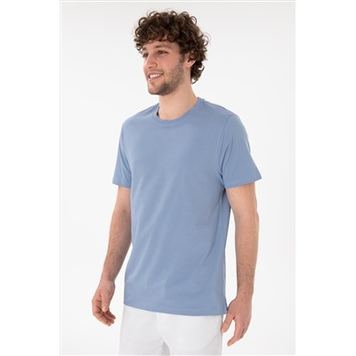 Erkek Regular Fit Bisiklet Yaka Mavi Basic Tişört