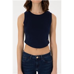 Kadın Lacivert Kolsuz Bisiklet Yaka Crop Basic Tişört