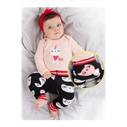 Denokids Kedi Kız Bebek Pamuklu Pembe Body Siyah Tayt-Pantolon Takım CFF-22S1-179