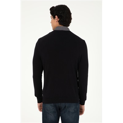 Erkek Slim Fit V Yaka Siyah Basic Kazak