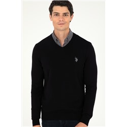 Erkek Slim Fit V Yaka Siyah Basic Kazak