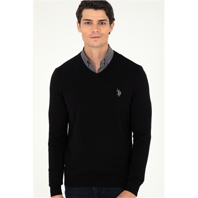 Erkek Slim Fit V Yaka Siyah Basic Kazak
