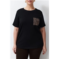 Siyah Oversize Animal Baskılı Cep etaylı %100 Pamuk Örme Büyük Beden T-shirt TBBSS24BF00059