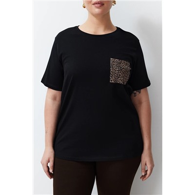 Siyah Oversize Animal Baskılı Cep etaylı %100 Pamuk Örme Büyük Beden T-shirt TBBSS24BF00059