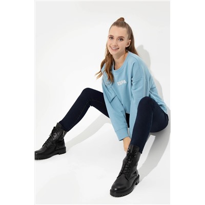 Kadın Mavi Bisiklet Yaka Basic Sweatshirt