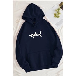 RokebyShark Baskılı Unisex Lacivert Kanguru Cepli Kapüşonlu Sweatshirt Hoodie