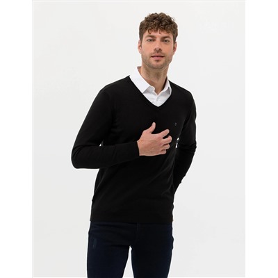 Siyah Slim Fit V Yaka Basic Triko Kazak