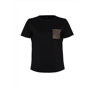 Siyah Oversize Animal Baskılı Cep etaylı %100 Pamuk Örme Büyük Beden T-shirt TBBSS24BF00059
