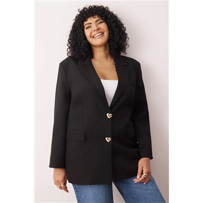 Siyah Oversize/Bol Kesim Düğmeli Dokuma Büyük Beden Blazer Ceket TBBAW26AG00008