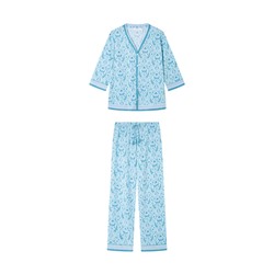 Pijama largo 100% algodón verde estampado flores
