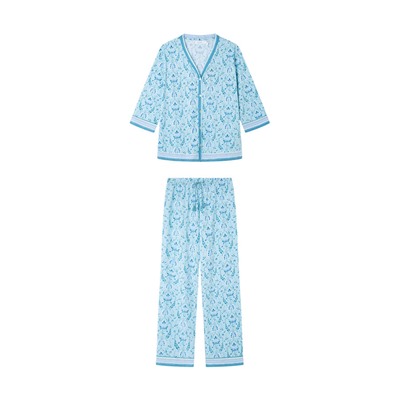 Pijama largo 100% algodón verde estampado flores