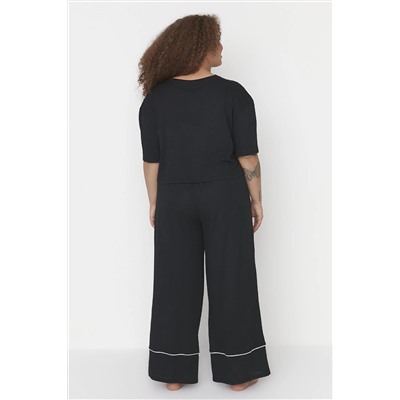 Siyah Baskılı Wide Leg Crop Boy Örme Pijama Takımı TBBAW23AI00040
