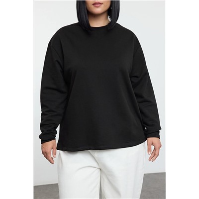 Siyah Çıt Çıt Düğme Detaylı Regular/Normal Kalıp Örme Büyük Beden Sweatshirt TBBAW25AO00039