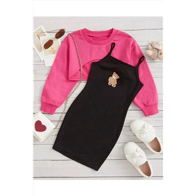 DLRboutique Ayıcık baskı elbise & crop sweat kombin 130