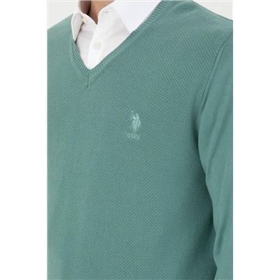 Erkek Slim Fit V Yaka Mint Basic Kazak