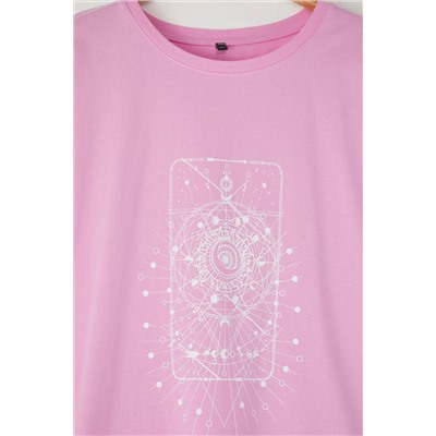 Pembe Geometrik Baskılı %100 Pamuk Örme Büyük Beden T-Shirt Elbise TBBSS22EL2269