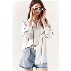Olalook Kadın Beyaz Vizon Çizgili Cepli Oversize Keten Gömlek GML-19001124
