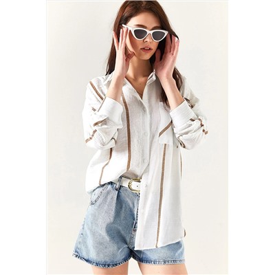 Olalook Kadın Beyaz Vizon Çizgili Cepli Oversize Keten Gömlek GML-19001124