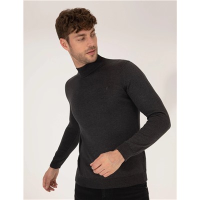 Antrasit Melanj Slim Fit Yarım Balıkçı Basic Triko Kazak
