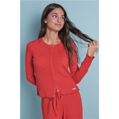 Pijama largo algodón canalé suave rojo