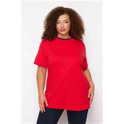 Kırmızı Renk Blok Detaylı Boyfriend %100 Pamuk Örme T-shirt TBBSS24BF00012
