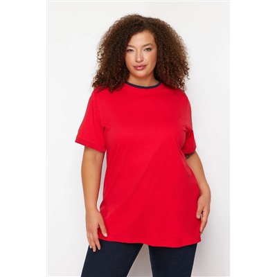 Kırmızı Renk Blok Detaylı Boyfriend %100 Pamuk Örme T-shirt TBBSS24BF00012