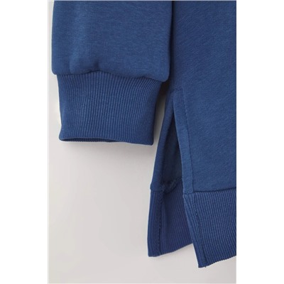 Indigo Kalın İçi Polarlı Yırtmaçlı Oversize/Bol Kesim Örme Büyük Beden Sweatshirt TBBAW24AO00003